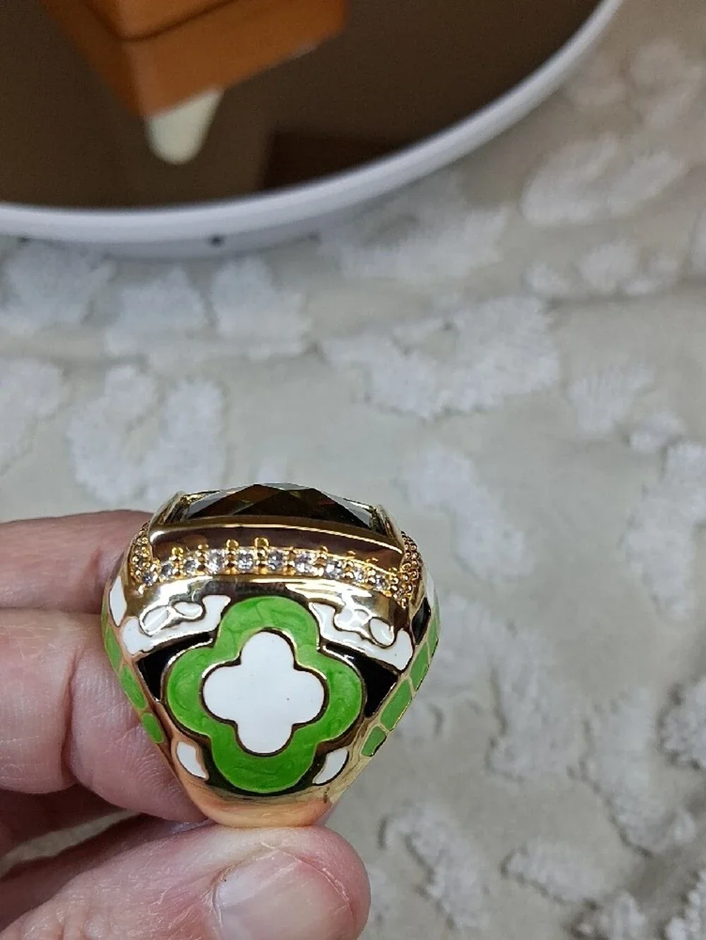 Gold-tone Enamel Statement Ring with Faceted Olive Green Crystal Center Stone